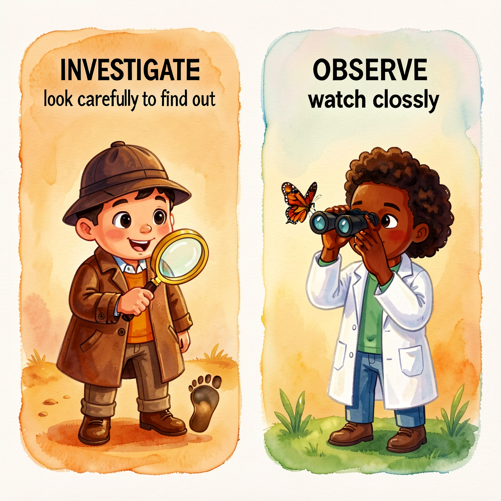 Two-panel anchor card. Left: 'INVESTIGATE = look carefully to find out' with a detective character holding a magnifying 