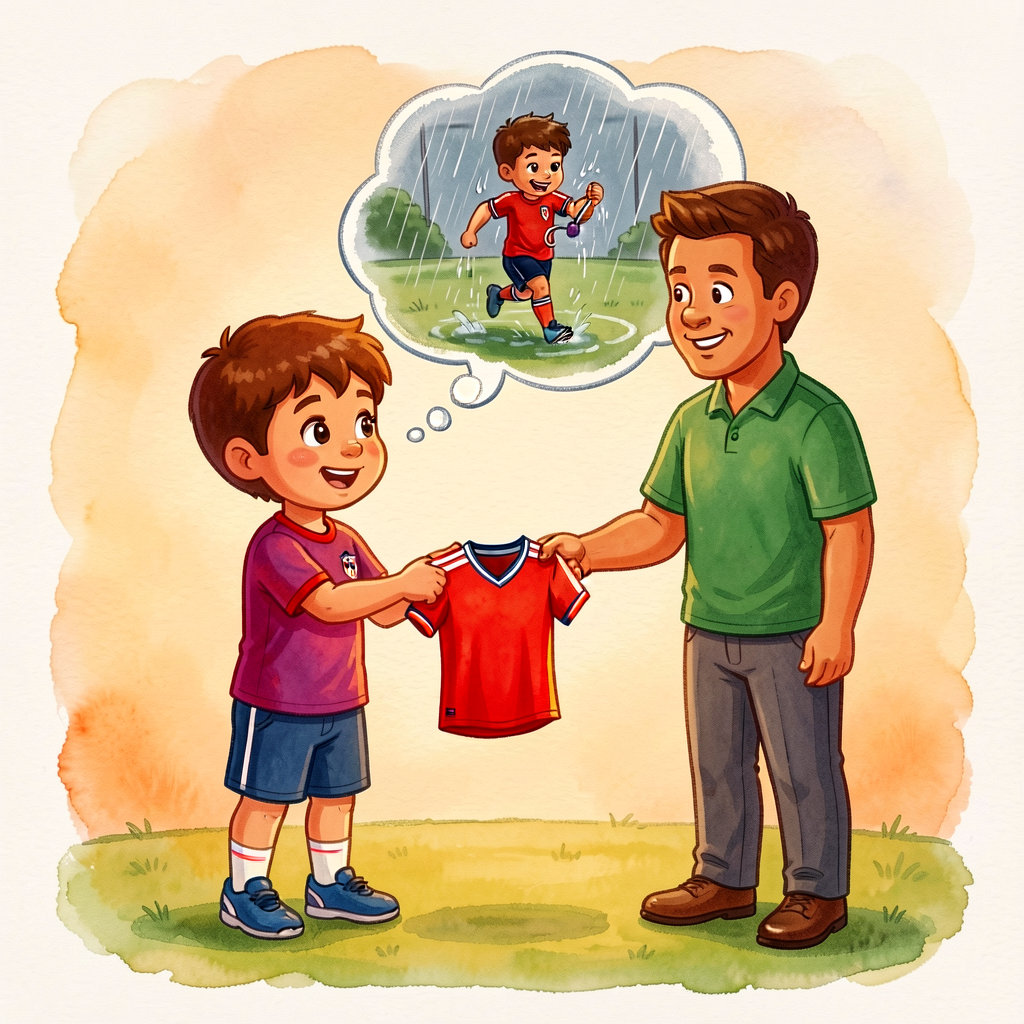 Cartoon of a child receiving a team uniform from a coach, with a thought-bubble of the child practicing in the rain. Vis