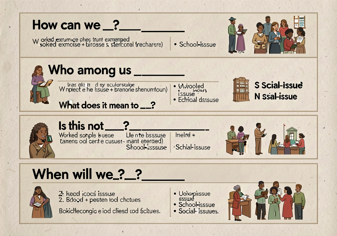 5-row card with each stem on a row: 'How can we ___?' / 'Who among us ___?' / 'What does it mean to ___?' / 'Is this not