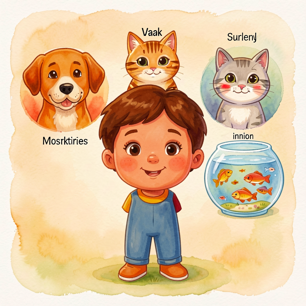 Cartoon of a child with three pet portraits behind them: dog, cat, fishbowl. Each labeled. Provides one-to-one item mapp