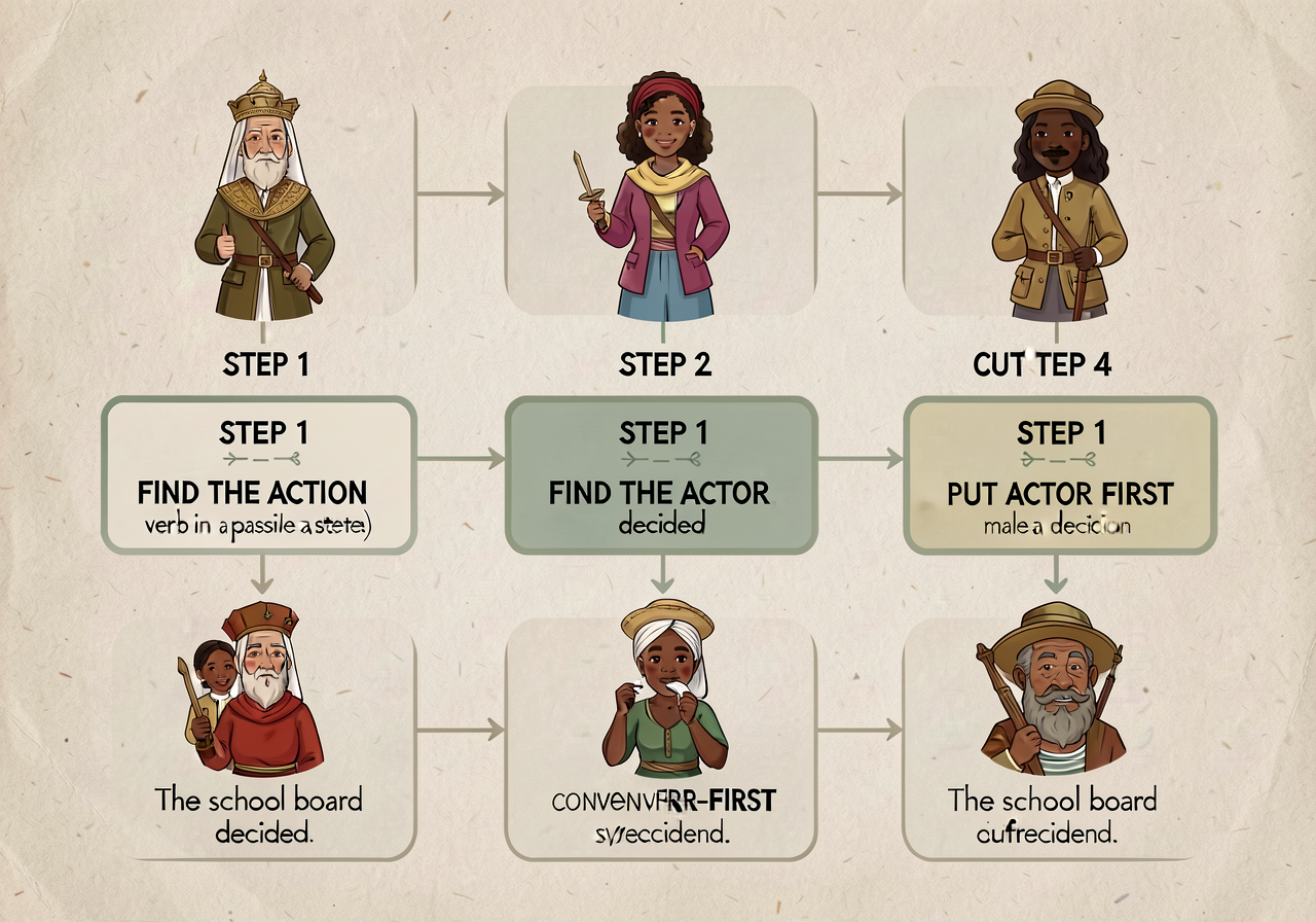 5-step flowchart. STEP 1 FIND THE ACTION (highlight verb in passive sentence). STEP 2 FIND THE ACTOR (often hidden in 'b