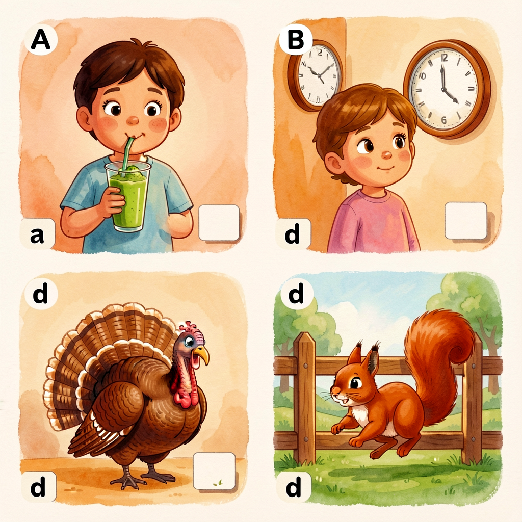 Four-panel matching visual: panel A (a person slurping a smoothie), panel B (a child glancing at a wall clock), panel C 