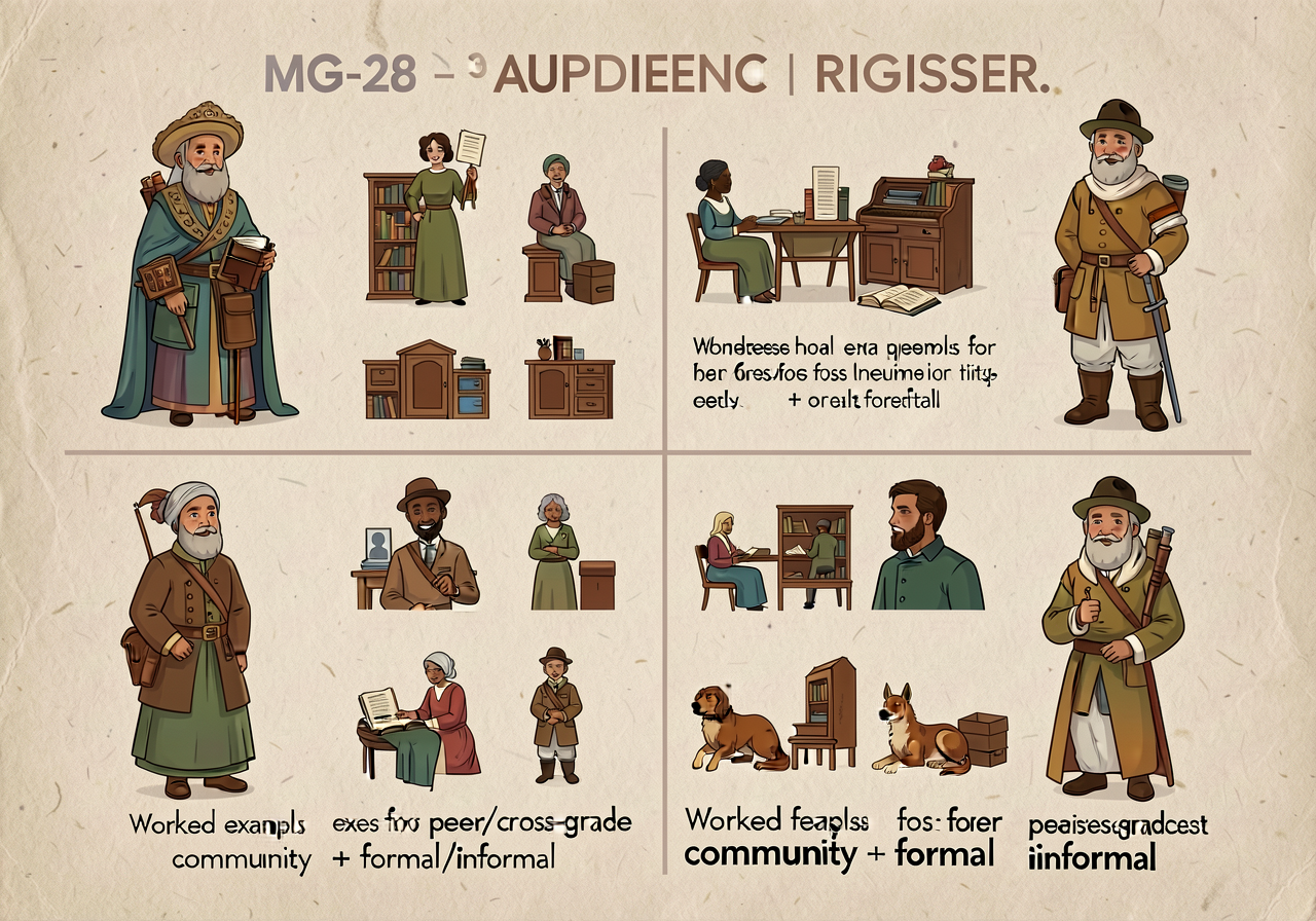 MG-28 audience-register 2x3 matrix poster as specified. Worked examples for peer/cross-grade/community + formal/informal