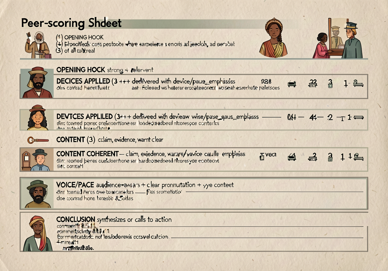 Peer-scoring sheet. 5 criteria per student: (1) OPENING HOOK strong + relevant; (2) DEVICES APPLIED (3+) + delivered wit