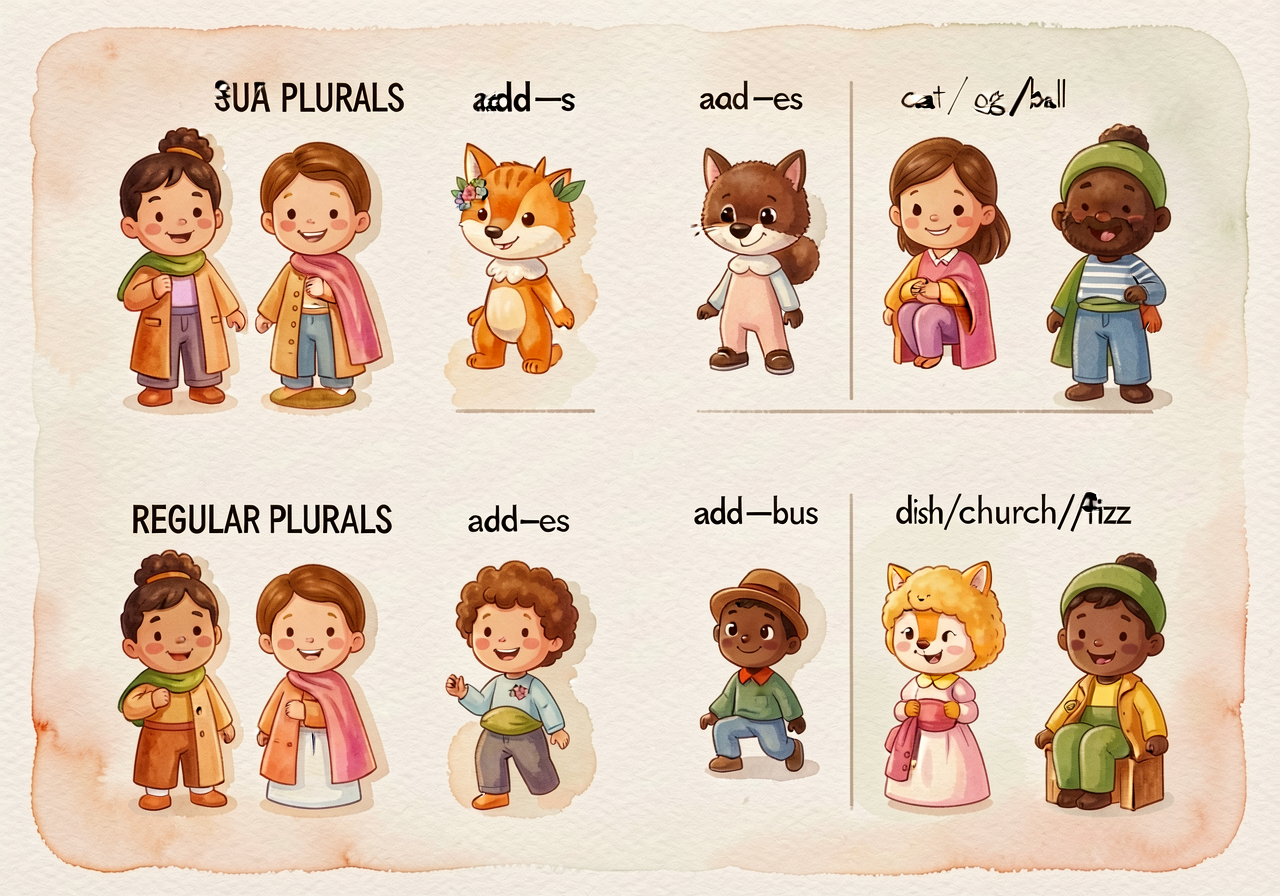 Two-row reference: REGULAR PLURALS — add -s to cat/dog/ball; add -es to fox/bus/dish/church/fizz. Each example illustrat