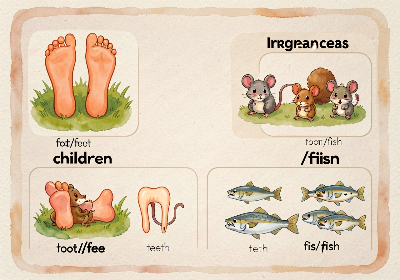 Irregular plurals reference card: 5 pairs side-by-side with photos. foot/feet (a single bare foot then two feet on grass