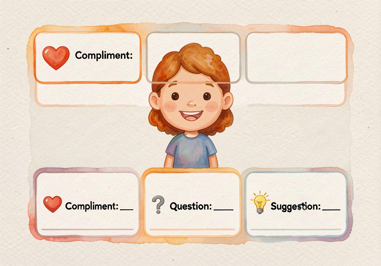 Three-box note-taking template. Box 1 with heart icon: 'Compliment: ___'. Box 2 with question-mark icon: 'Question: ___'