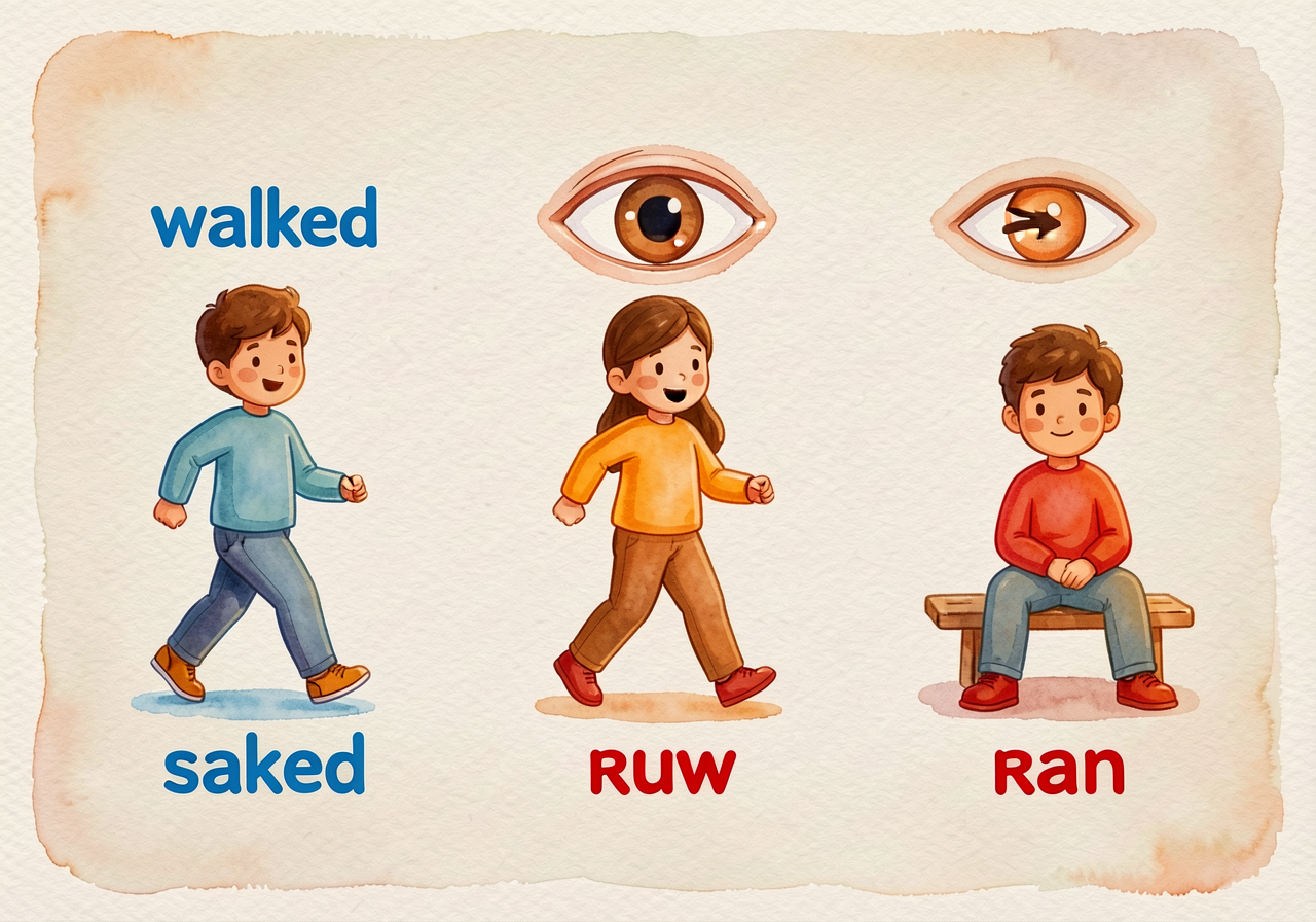 Three-pair past-tense visual: walk/walked icons (foot mid-step → completed walk), see/saw (eye → blinked eye), run/ran (