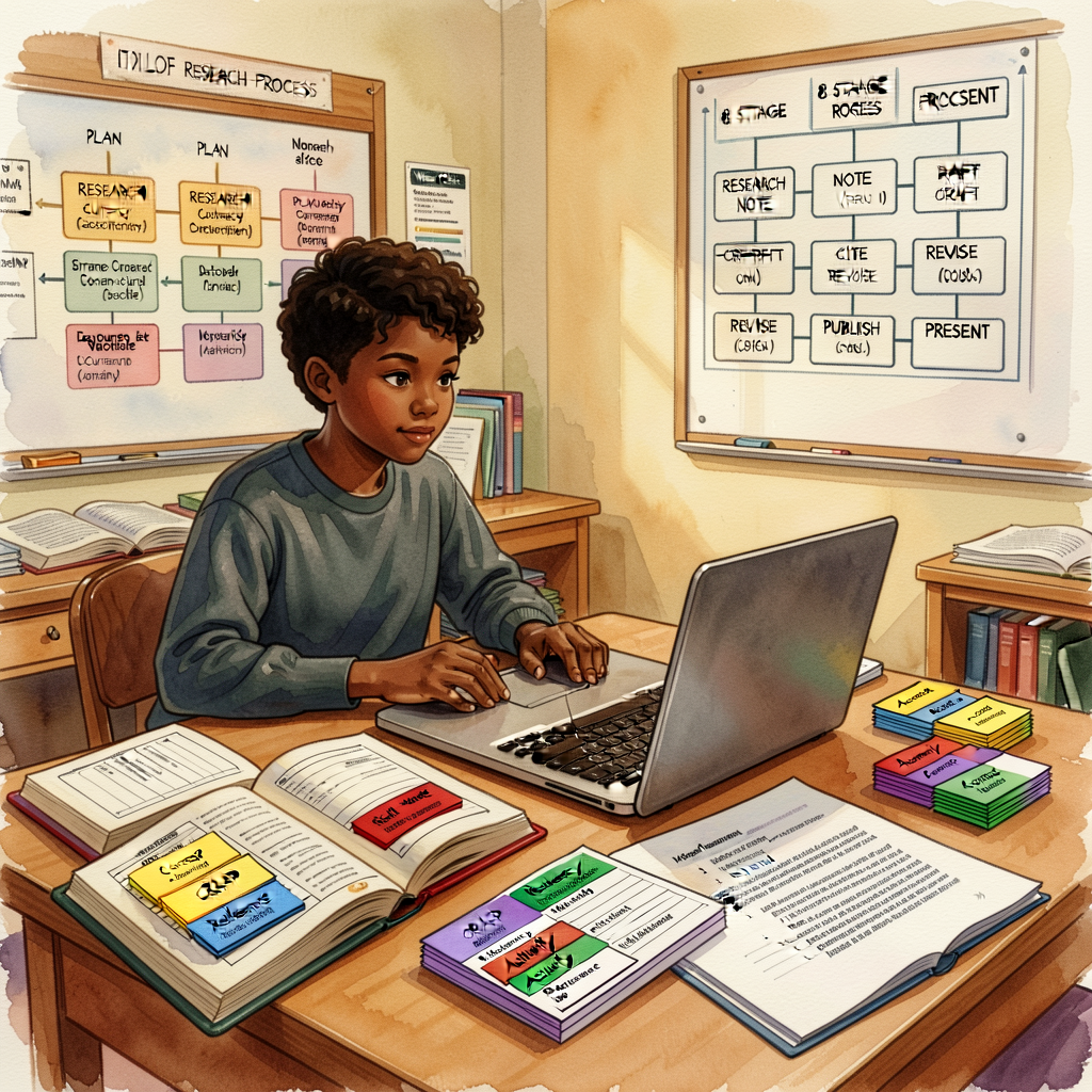 Unit-opener: a Grade-7 researcher at a workspace with multiple open books and a laptop, source-evaluation worksheets in 