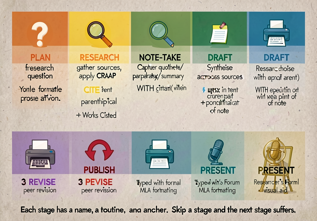 8-stage research-process workflow anchor: color-coded horizontal banner. 1. PLAN (formulate research question) — orange 
