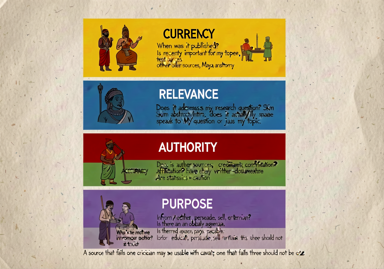 CRAAP 5-criterion source-evaluation anchor: 5-band stacked card. CURRENCY (yellow) — When was it published? Is recency i