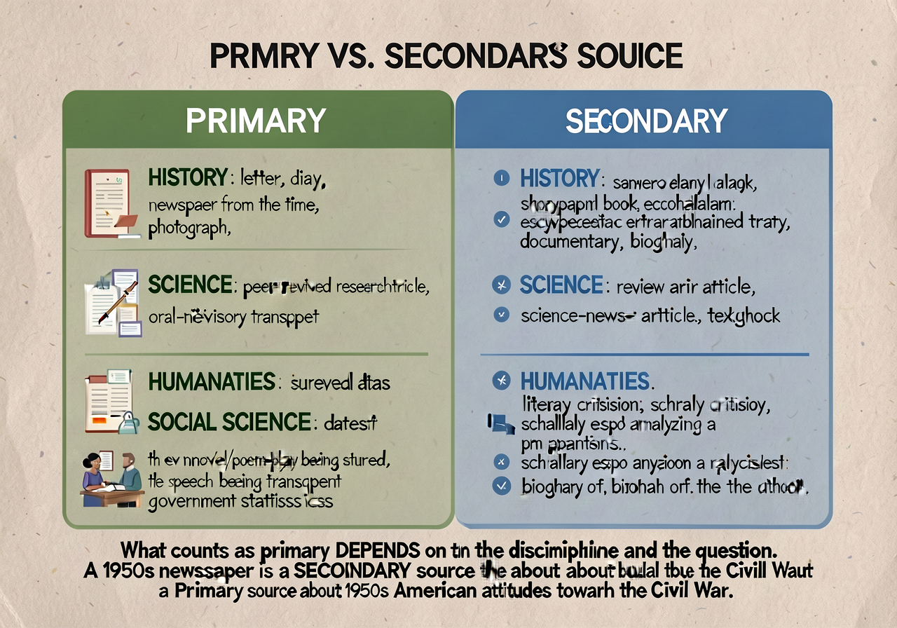 Primary vs. secondary source taxonomy anchor: 2-column card with discipline-specific examples. PRIMARY (left, green) — f
