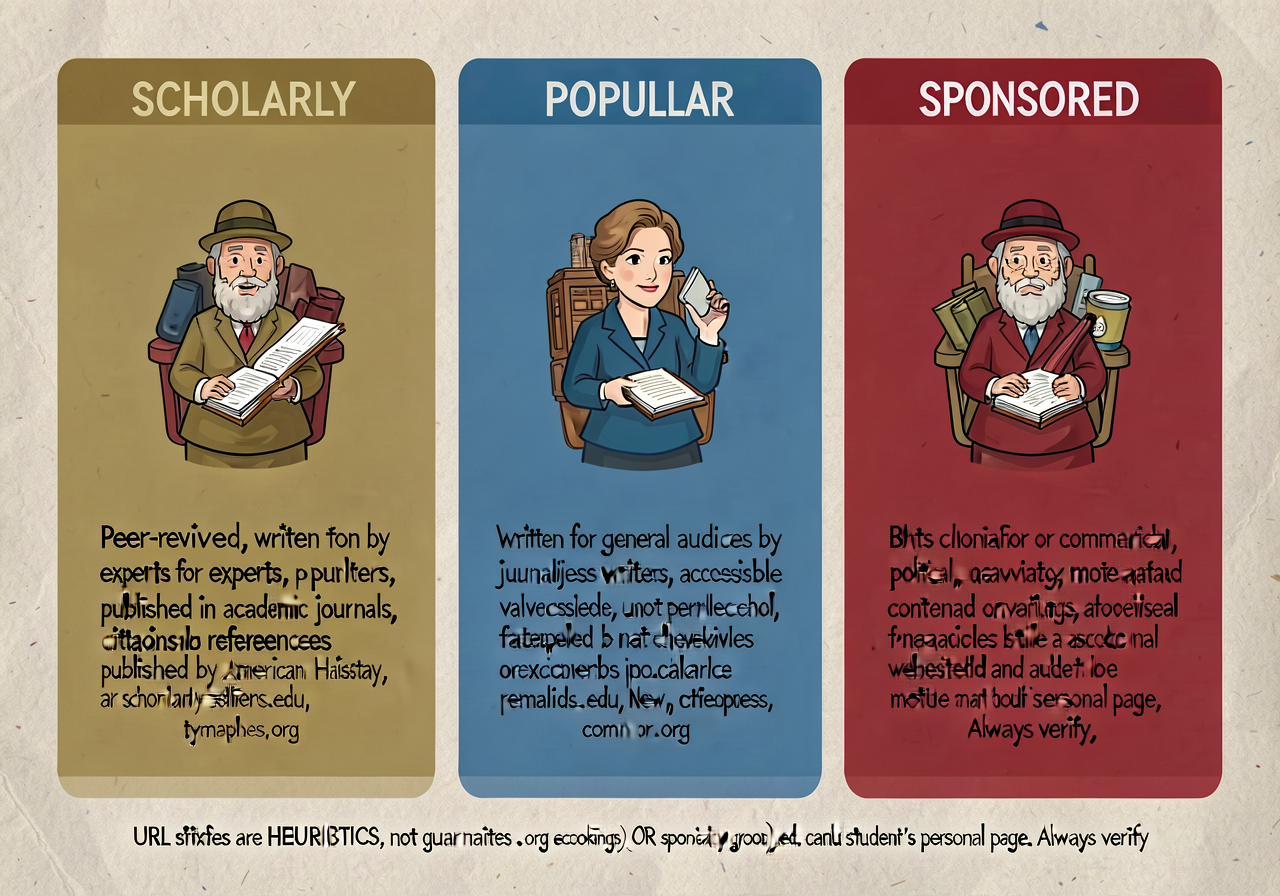 Scholarly vs. popular vs. sponsored source anchor: 3-column card. SCHOLARLY (left, gold) — peer-reviewed, written by exp