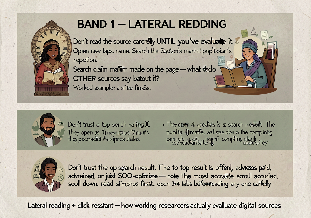 Lateral reading and click restraint anchor: 2-band card. BAND 1 — LATERAL READING: 'Don't read the source carefully UNTI