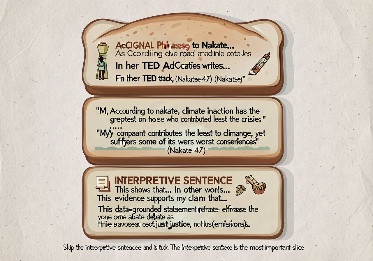Quote sandwich four-part integration anchor (CCSS W.7.8): 4-part stacked card. SLICE 1 (top bread) — SIGNAL PHRASE: 'Acc
