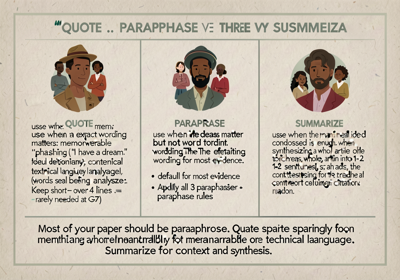 Quote vs. paraphrase vs. summarize three-way decision matrix: 3-column card. QUOTE (left) — use when exact wording matte