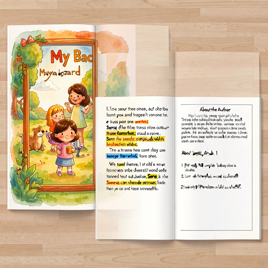 Three-page sample published booklet. Page 1: cover with illustrated frame, title 'My Backyard', author 'Maya Lopez, Grad