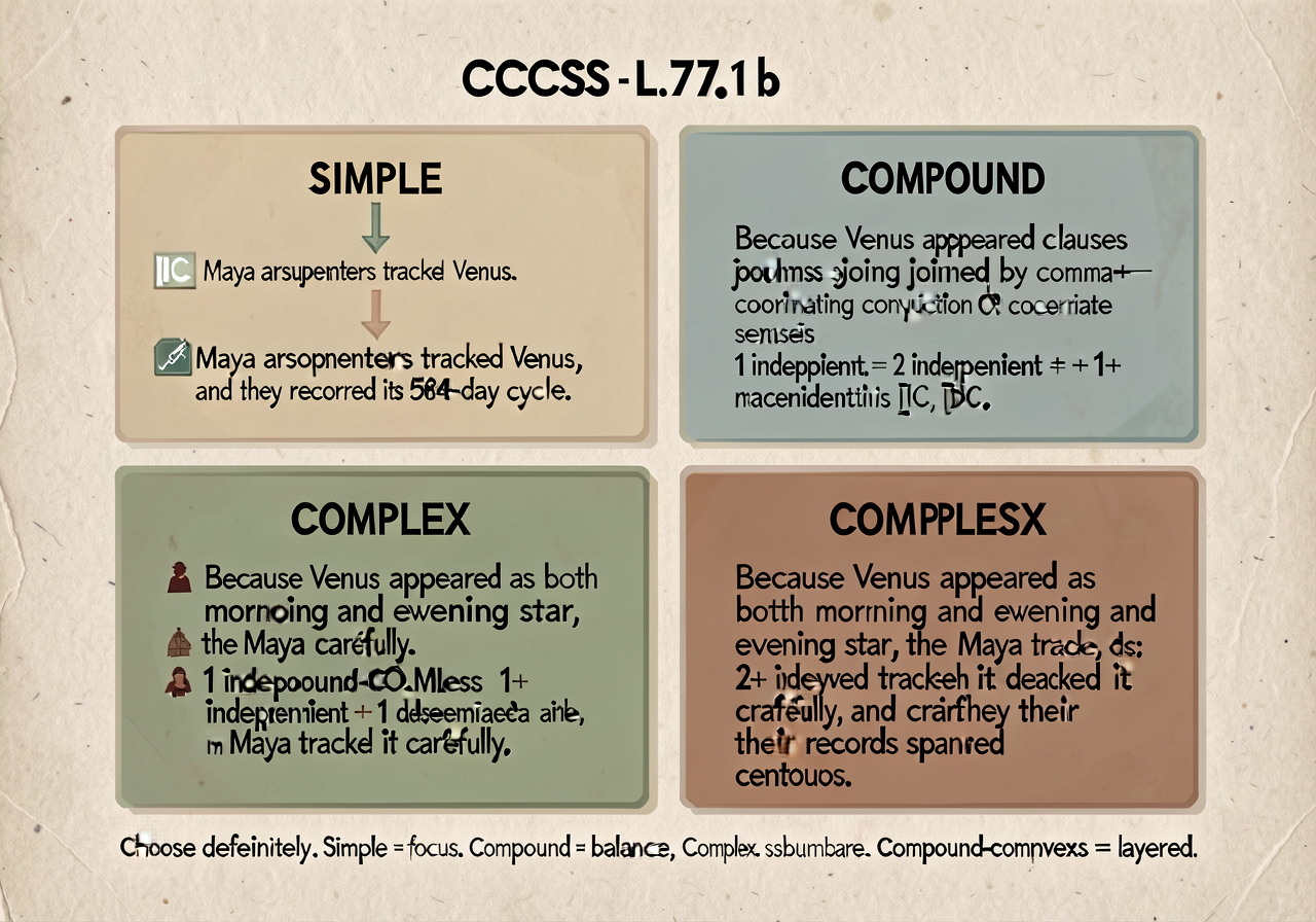 Four sentence types diagram (CCSS L.7.1.b): 4-band card with structural visualization. SIMPLE: 1 independent clause = 1 