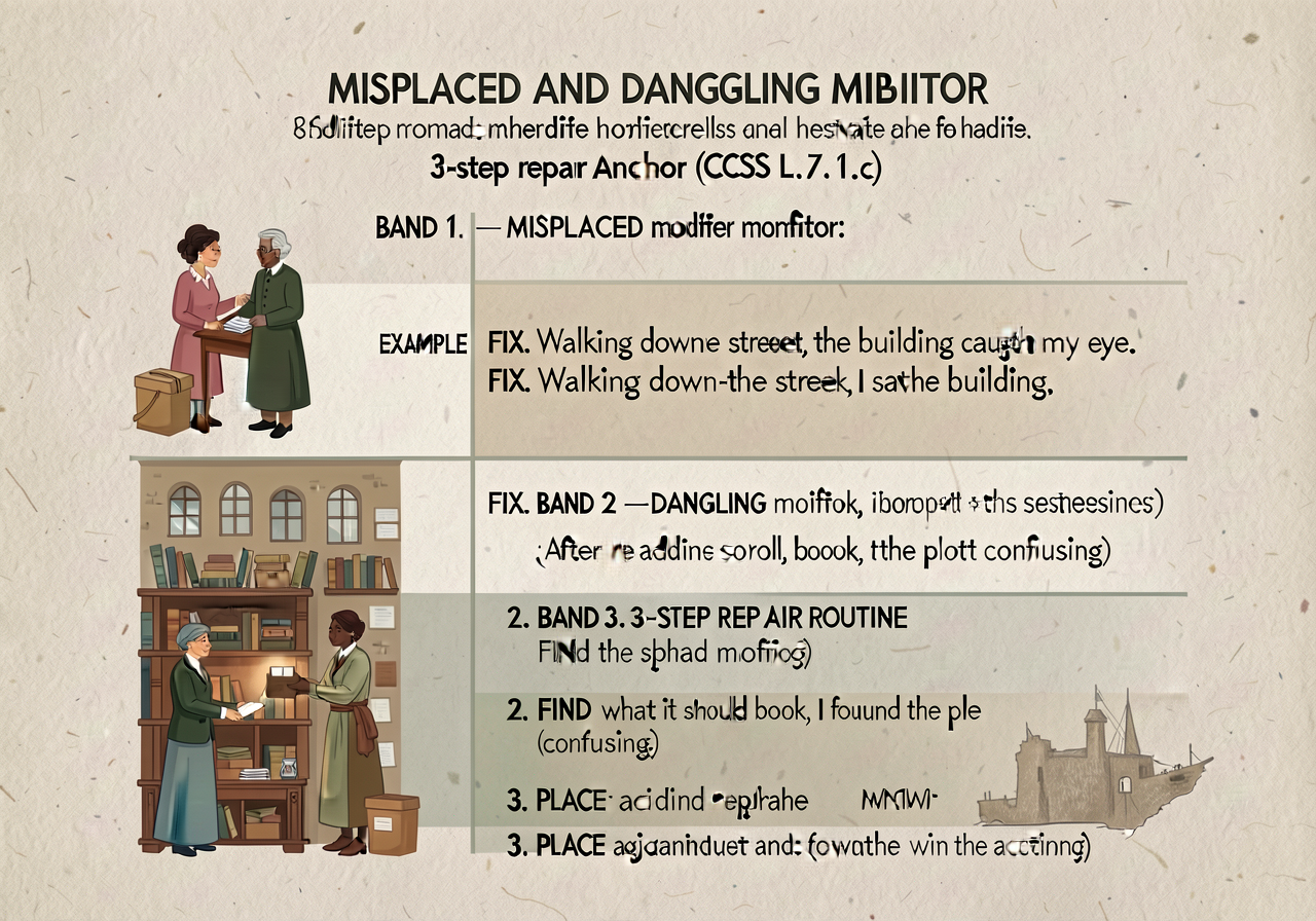 Misplaced and dangling modifier 3-step repair anchor (CCSS L.7.1.c): 3-band card. BAND 1 — MISPLACED modifier: modifies 