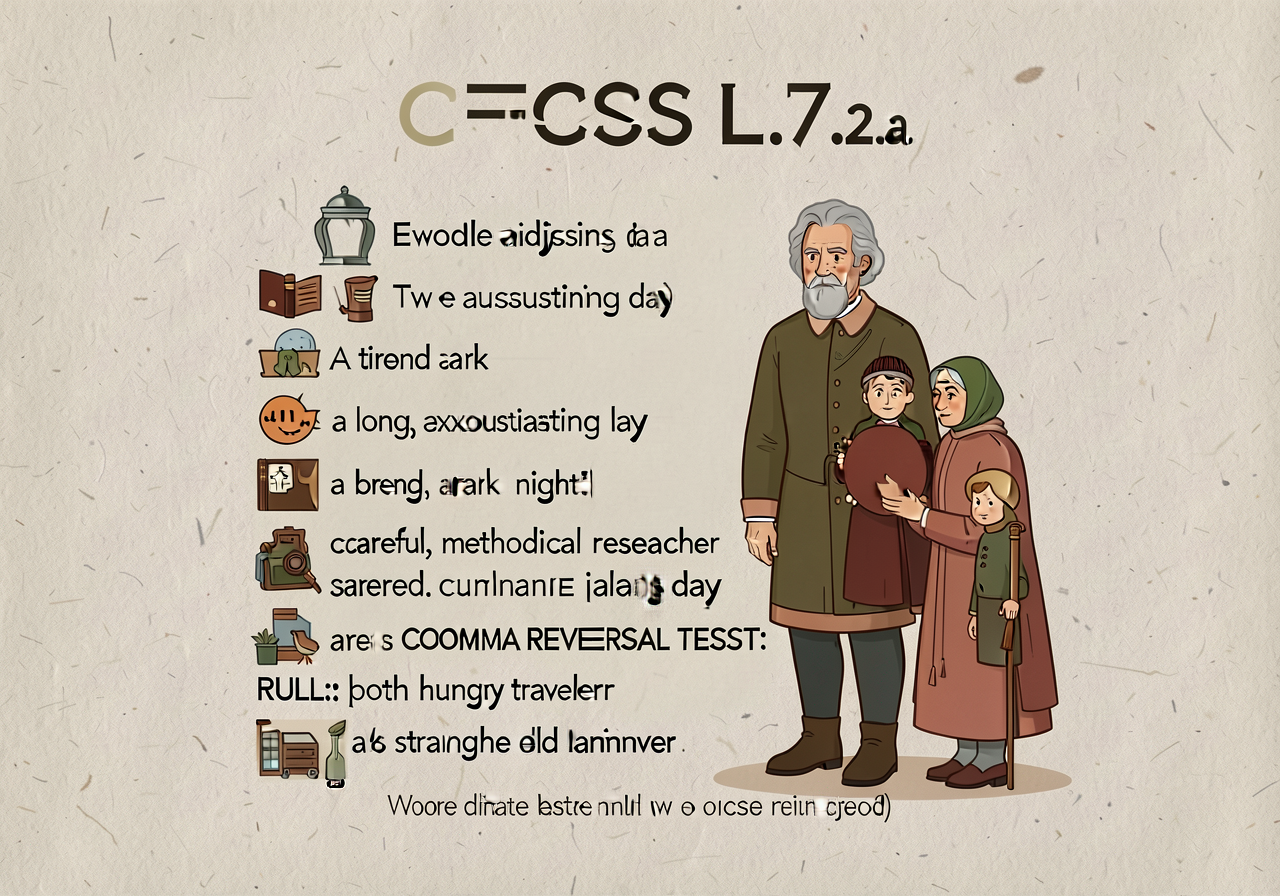 Coordinate adjectives anchor (CCSS L.7.2.a): 2-test card. RULE: Two adjectives that EQUALLY modify the noun take a comma