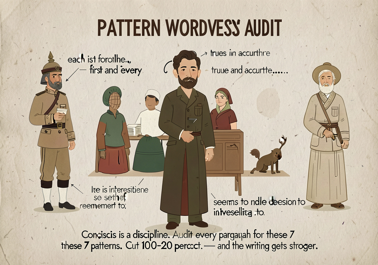 7-pattern wordiness audit anchor (CCSS L.7.3.a): 7-band card. PATTERN 1 — REDUNDANT PAIRS: 'each and every,' 'first and 