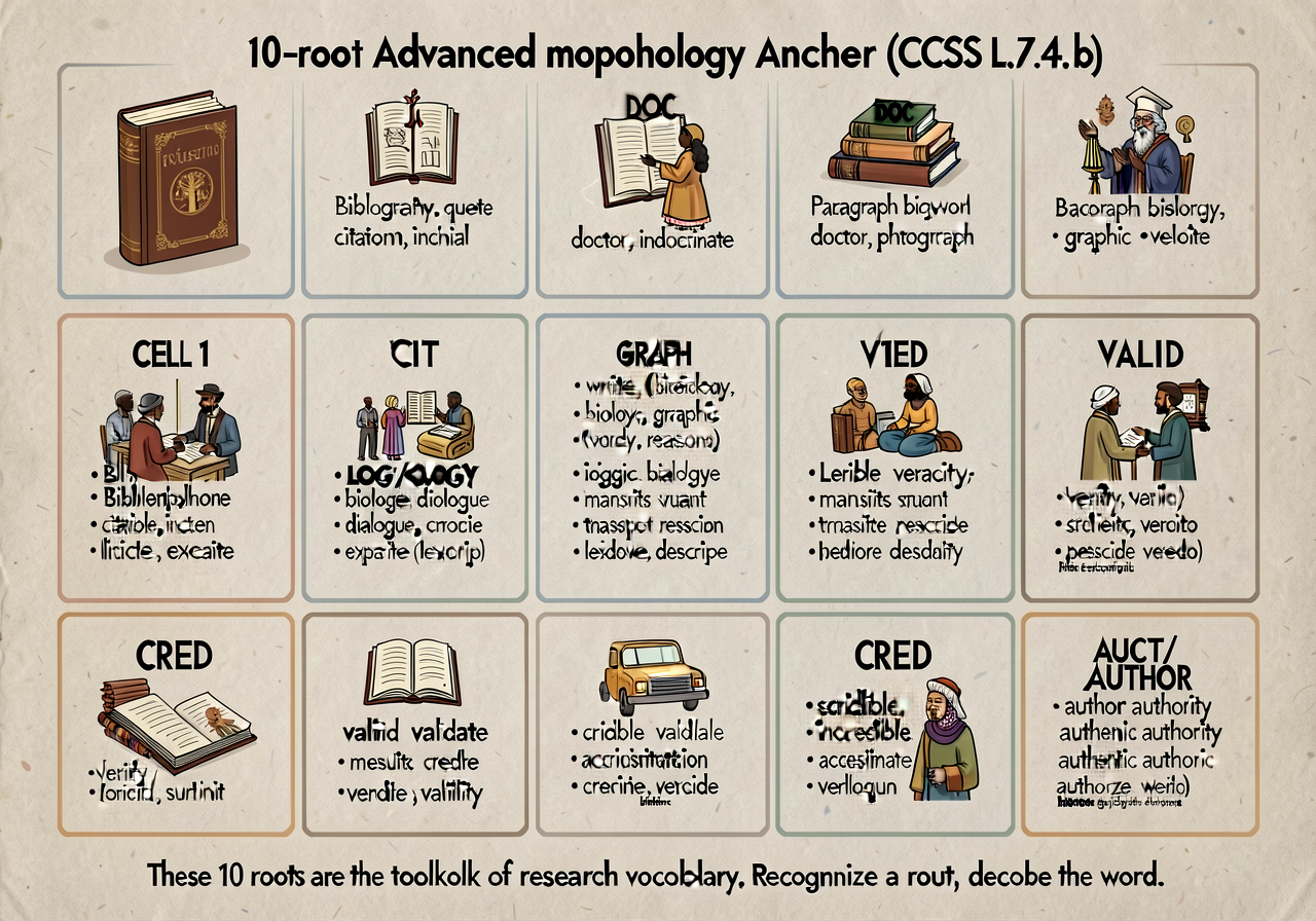 10-root advanced morphology anchor (CCSS L.7.4.b): 10-cell grid. CELL 1 — BIBL/BIBLIO (book): bibliography, biblical, bi