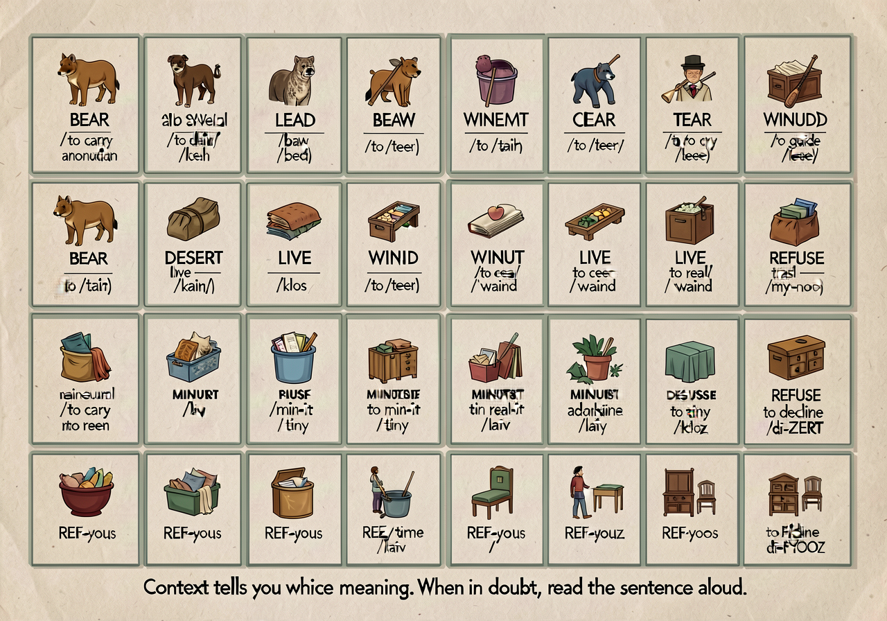 Homograph deck anchor (CCSS L.7.5.b): 20-pair grid. Each cell shows the spelled-the-same word + two meanings + pronuncia