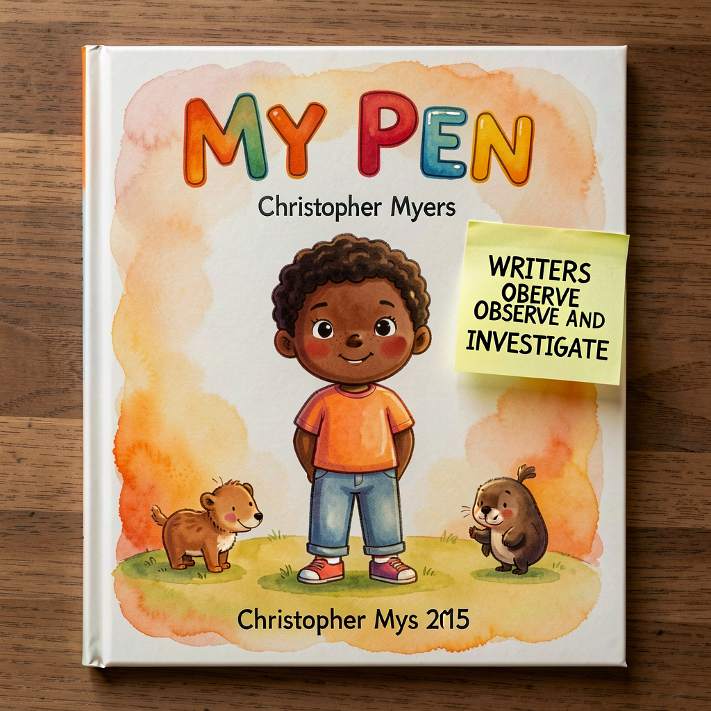 Photo of the cover of 'My Pen' by Christopher Myers (2015). Sticky note labeled 'WRITERS OBSERVE AND INVESTIGATE'. Used 