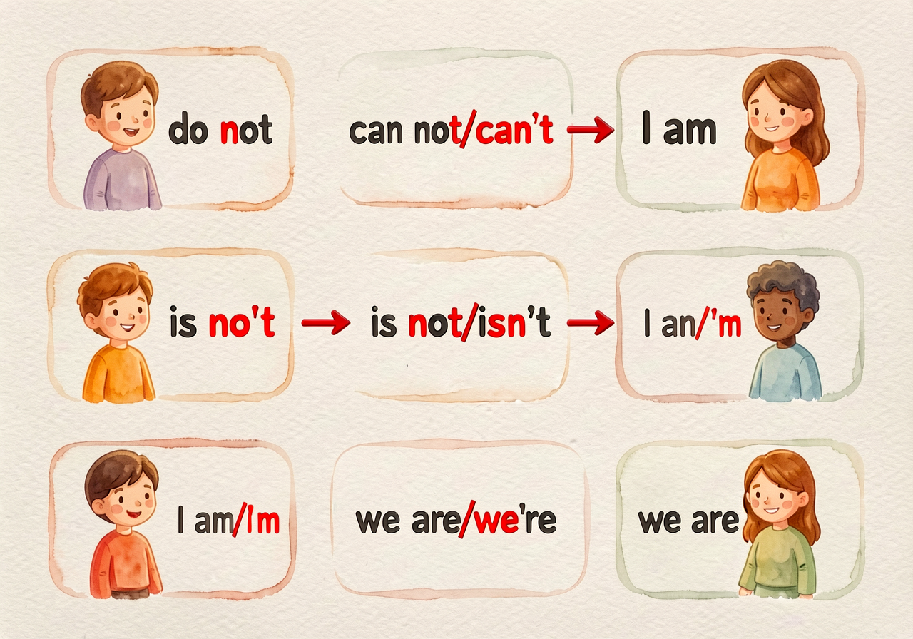 Contraction flap-card reference. Each row shows the two-word form with the letters that will be omitted highlighted in r