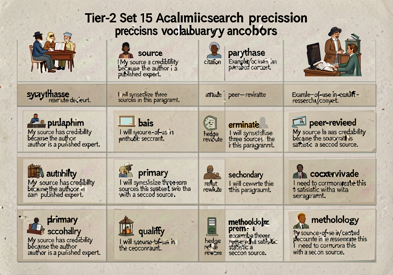 Tier-2 Set 15 academic-research precision vocabulary anchor: 20-word grid. WORDS: source, citation, plagiarism, paraphra