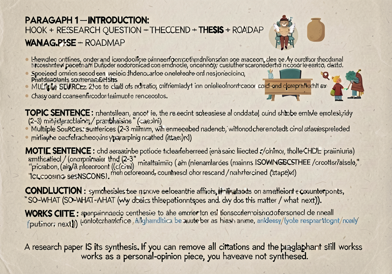 Research-paper structural anchor: 5-7 paragraph blueprint card. PARAGRAPH 1 — INTRODUCTION: HOOK + RESEARCH QUESTION + T