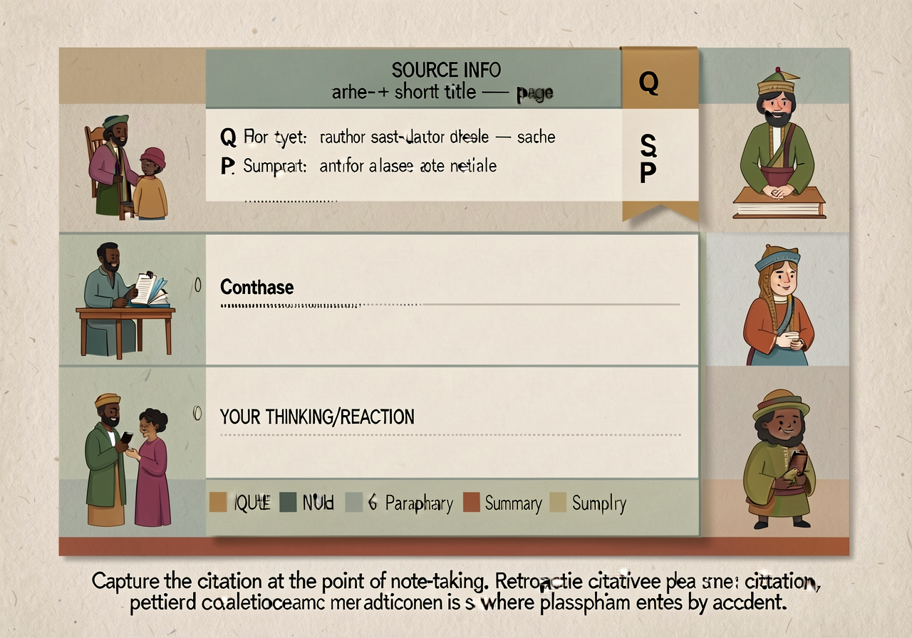 Note-card / citation-ribbon workflow anchor: 1-card template. EACH NOTE CARD captures: SOURCE INFO (author last name + s