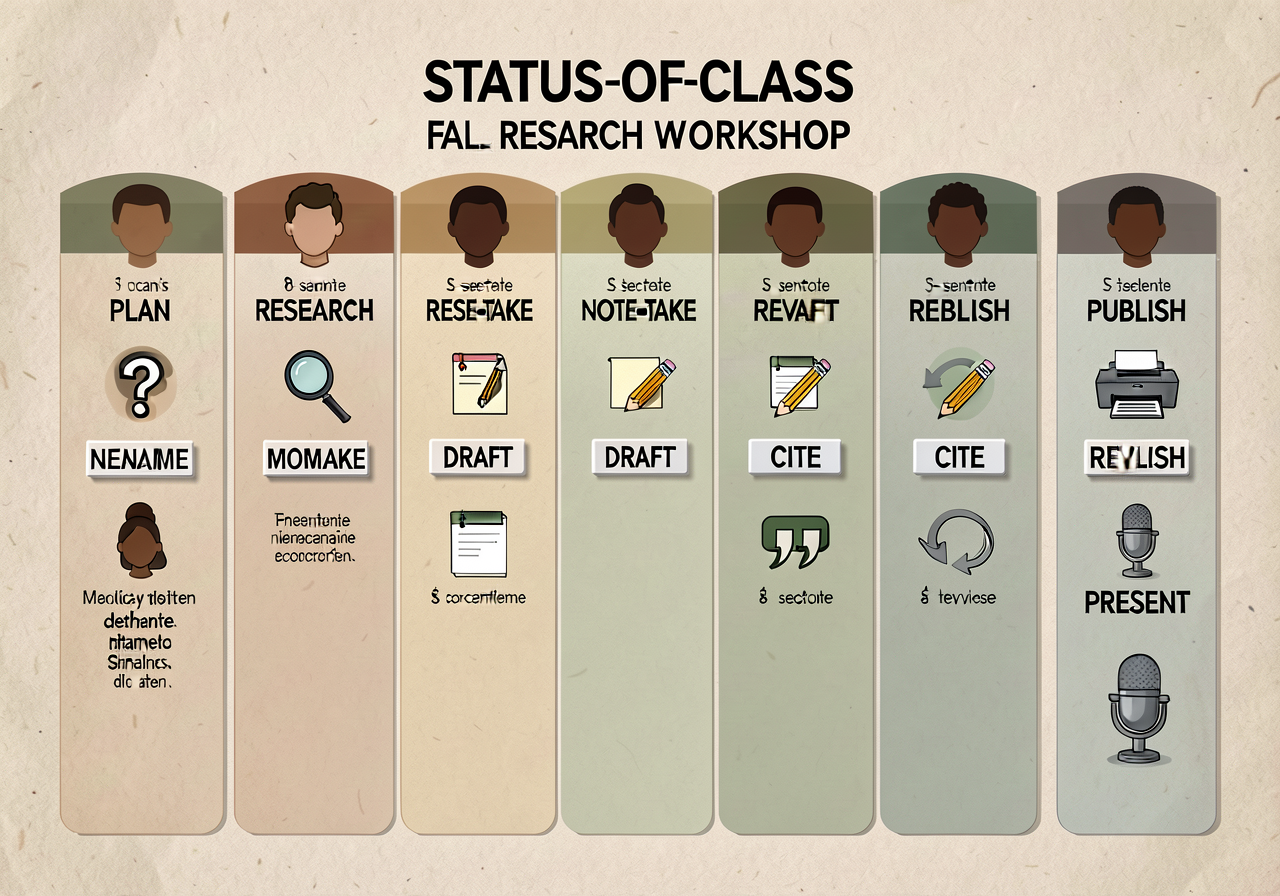 Status-of-class fall chart (research workshop): 8-stage horizontal chart matching MG-2 workflow. Each child has a magnet