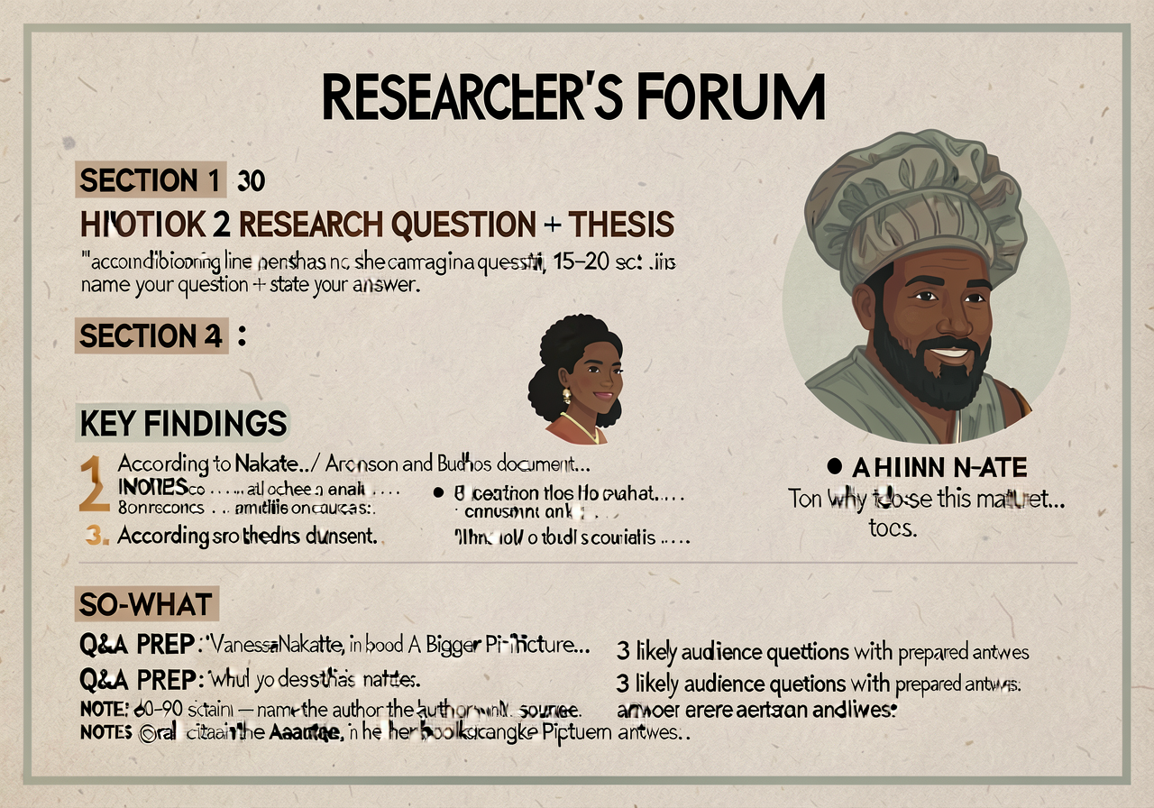 Researcher's Forum presentation script template: 1-page script card. SECTION 1 — HOOK (10-15 sec): an opening line that 