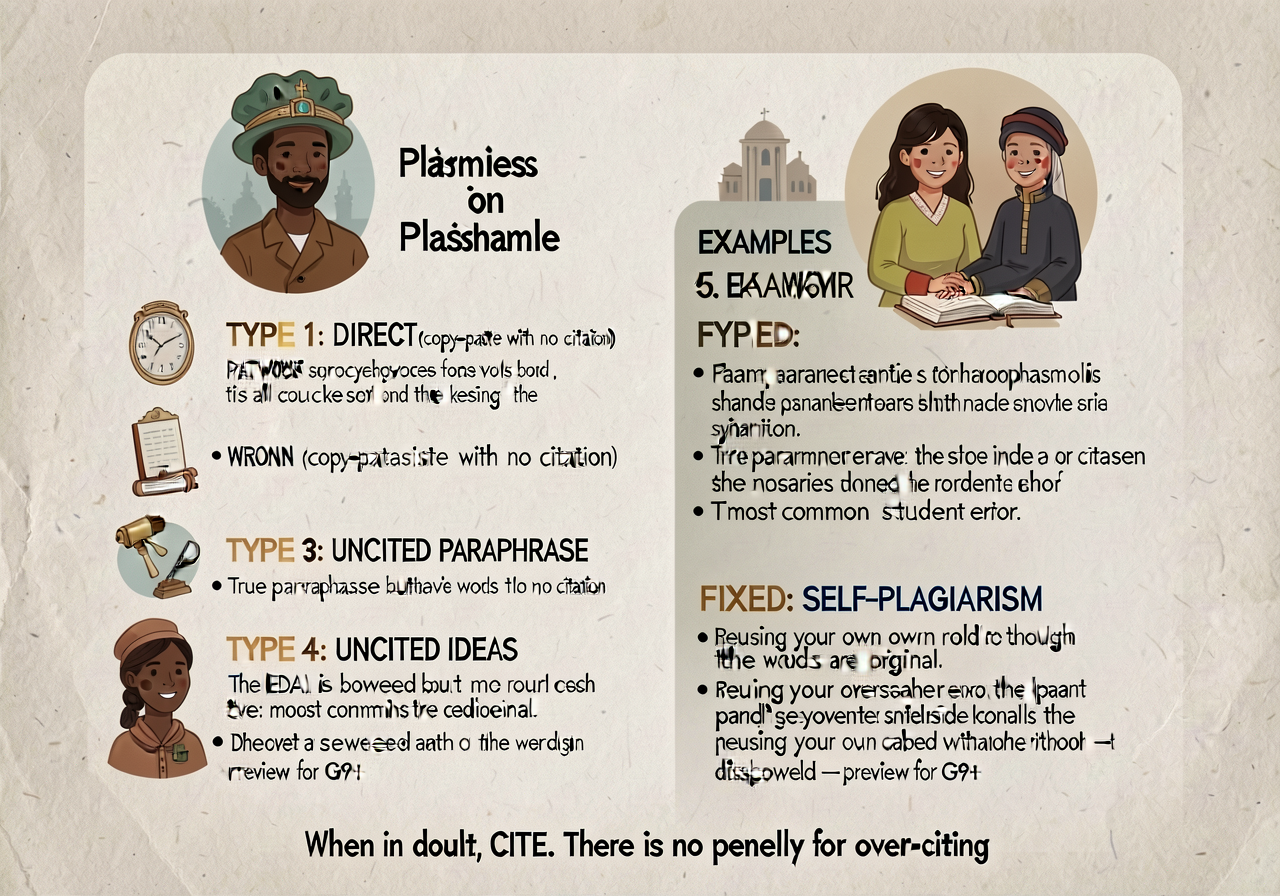 Plagiarism examples and fixes anchor: 1-page reference with 5 EXAMPLES of plagiarism types. TYPE 1 — DIRECT (copy-paste 