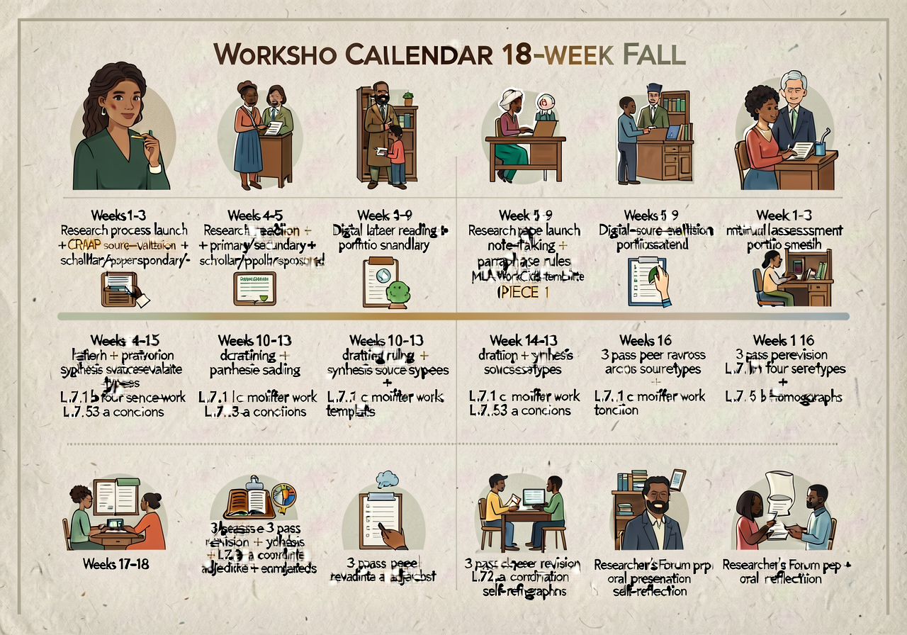Workshop calendar (18-week fall): visual timeline. Weeks 1-3: research process launch + CRAAP source-evaluation + primar