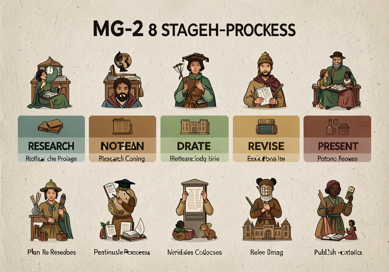 MG-2 8-stage research-process workflow banner displayed at front: PLAN-RESEARCH-NOTE-DRAFT-CITE-REVISE-PUBLISH-PRESENT, 