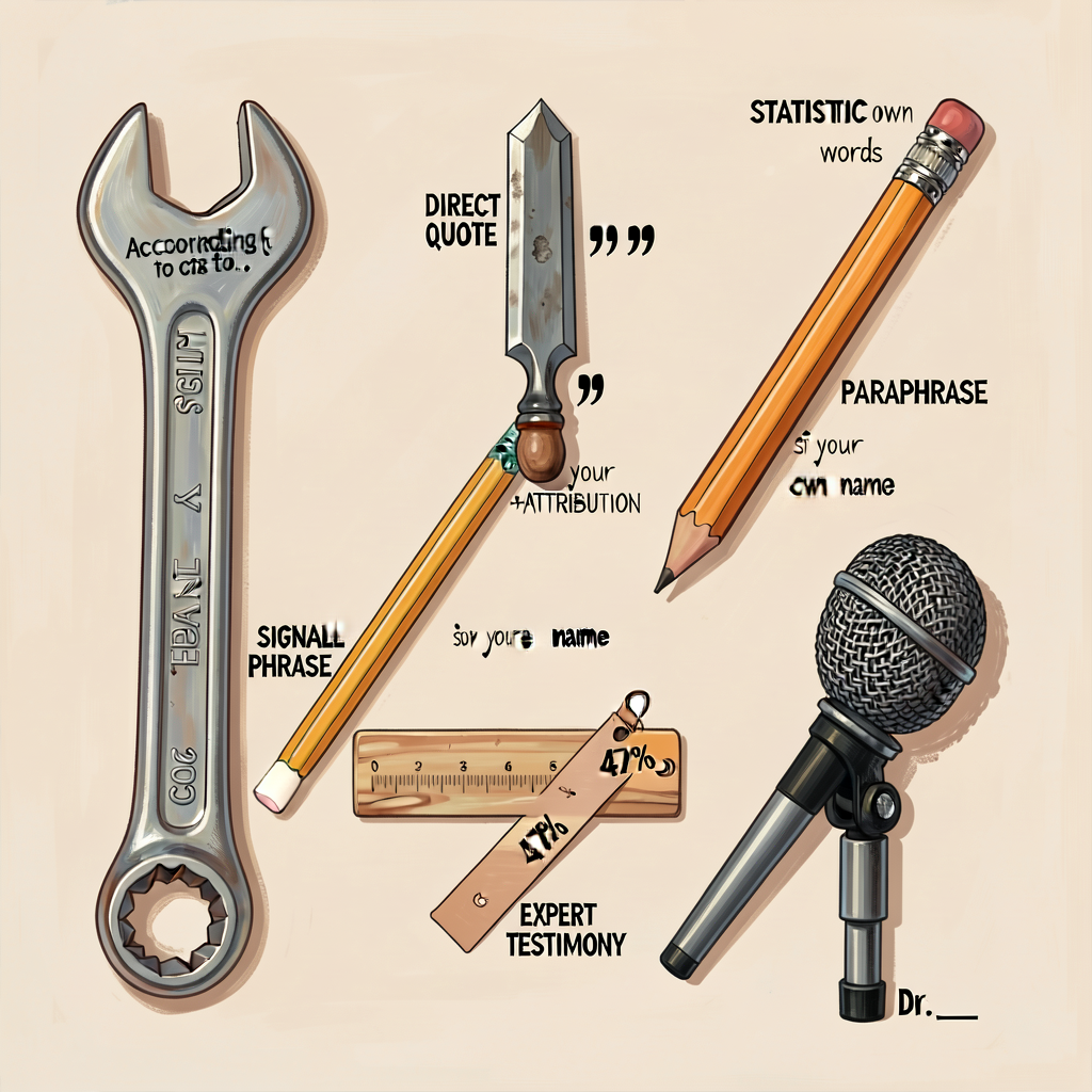 Toolbox illustration with 5 labeled tools: SIGNAL PHRASE (wrench-shape with 'According to...' on handle); DIRECT QUOTE (