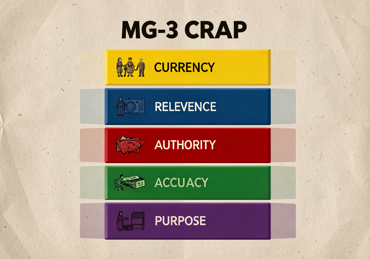 MG-3 CRAAP anchor displayed at front: 5-band stacked card with each criterion named, the question it asks, and a worked 
