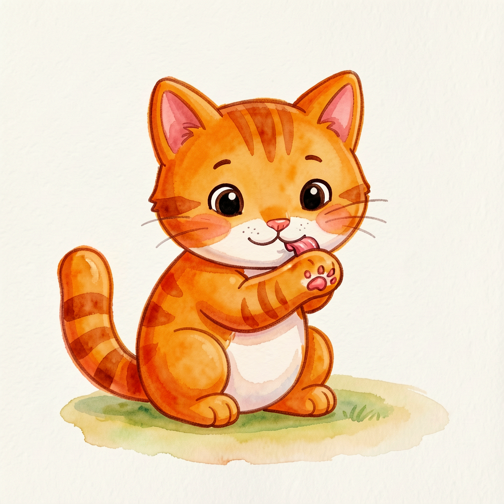 Cartoon of a cat licking its own paw. Caption-free. Visual reinforces the possessive meaning (the cat's own paw).