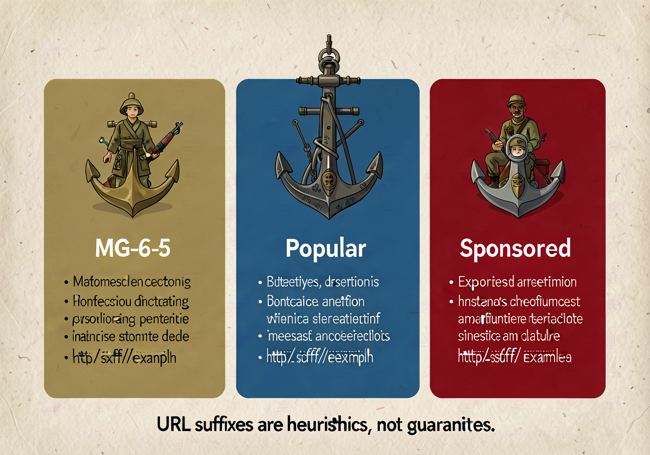 MG-5 anchor displayed: 3-column card scholarly gold / popular blue / sponsored red. Each column with definition + URL-su