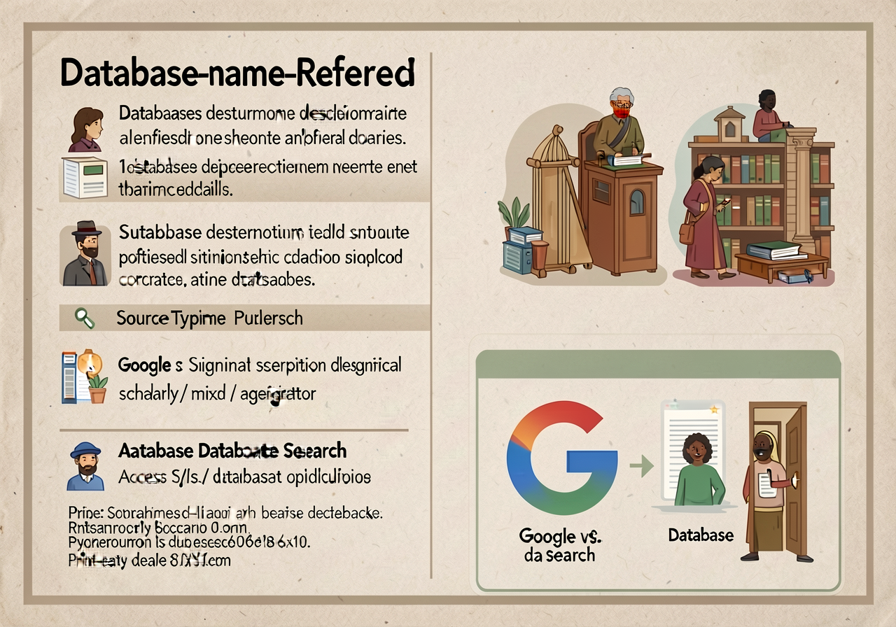 Database-name reference card: 4 databases listed with 1-sentence description, source-type signal (scholarly / mixed / ag