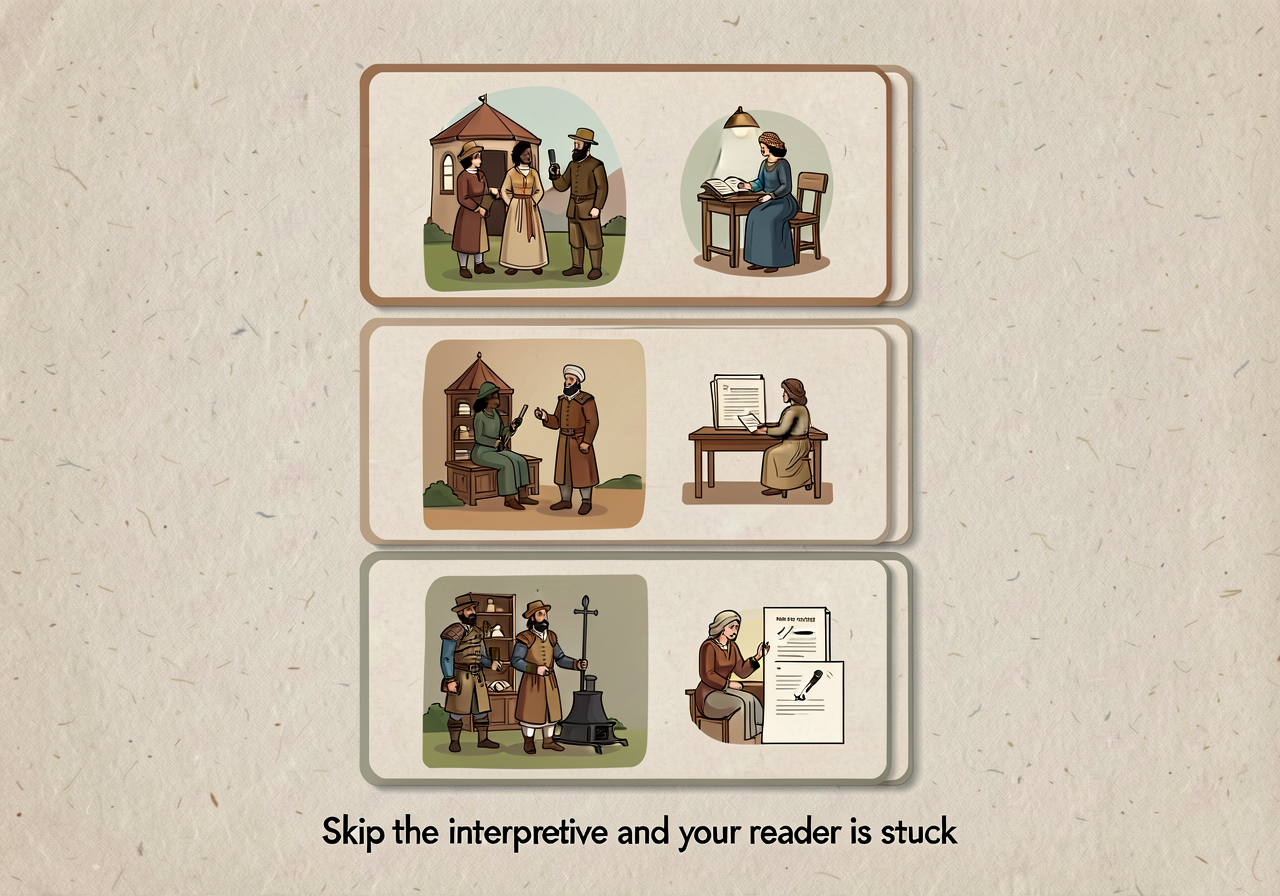 MG-8 anchor: 4-part stacked card with each slice and worked example. Bottom rule: 'Skip the interpretive and your reader