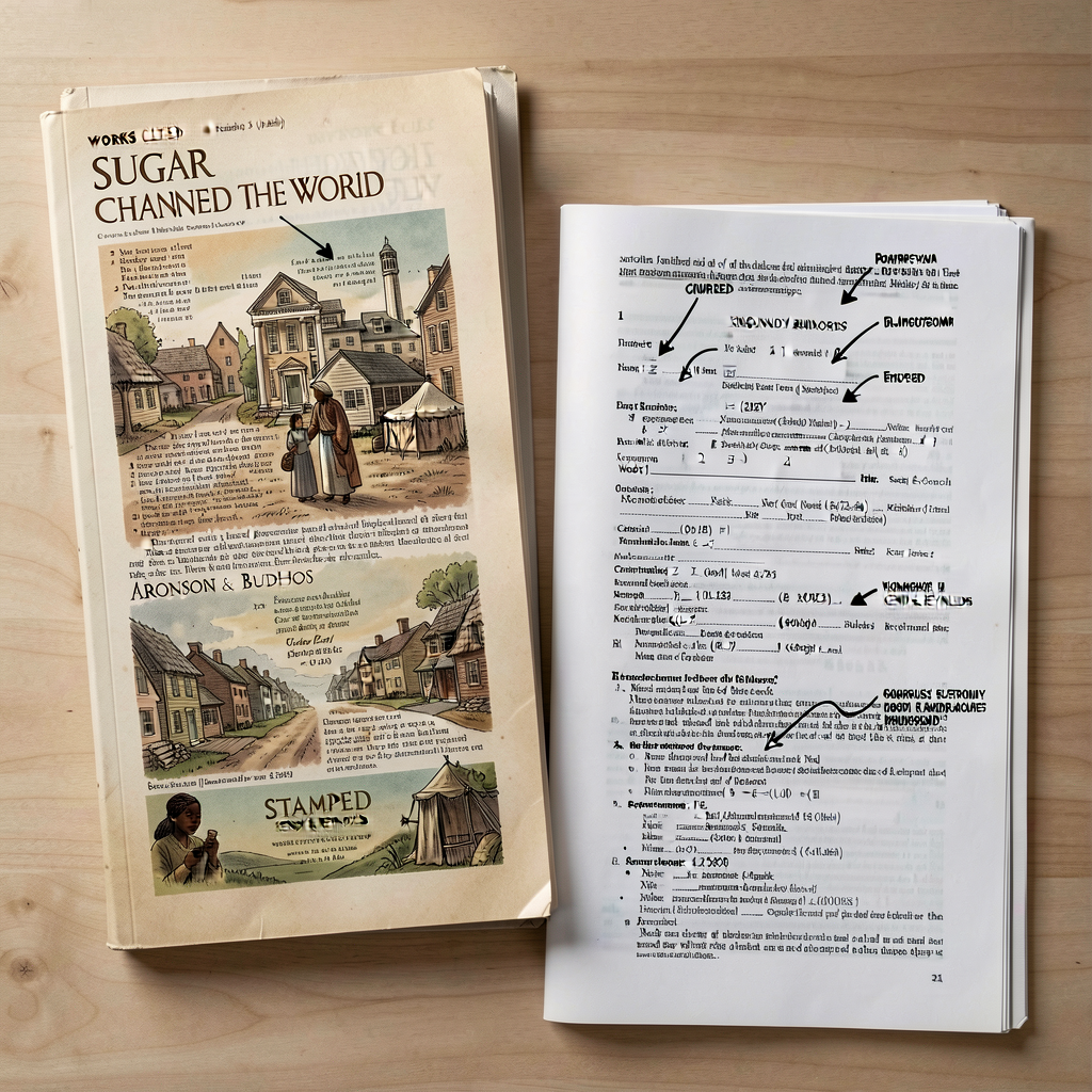 Photographs of Works Cited pages from Sugar Changed the World (Aronson & Budhos) and Stamped (Kendi & Reynolds). Annotat