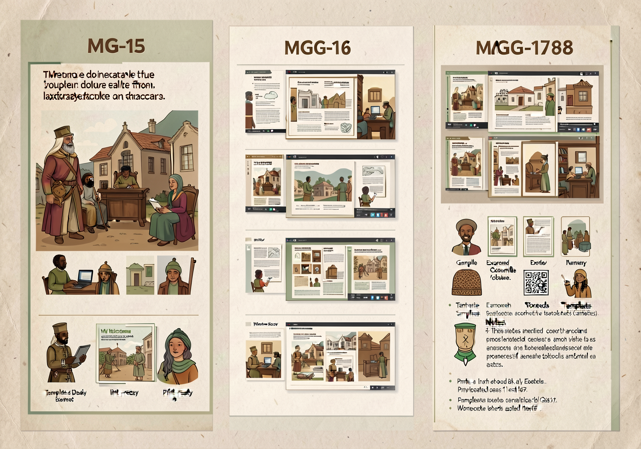 MG-15 website + MG-16 interview + MG-17 AV templates side by side. Each with template + worked examples + notes. Print-r
