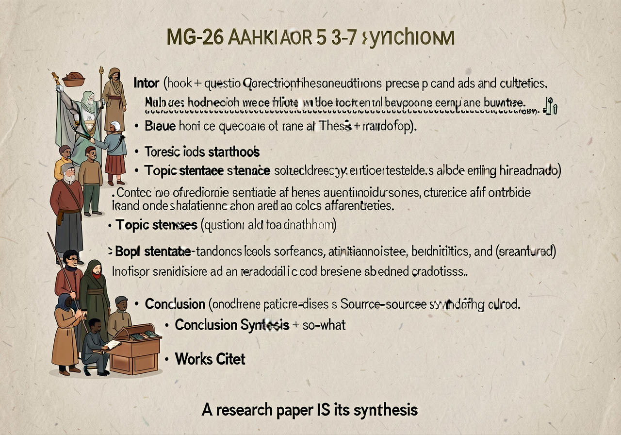 MG-26 anchor: 5-7 paragraph blueprint. Intro (hook + question + thesis + roadmap); body (topic sentence + sources synthe