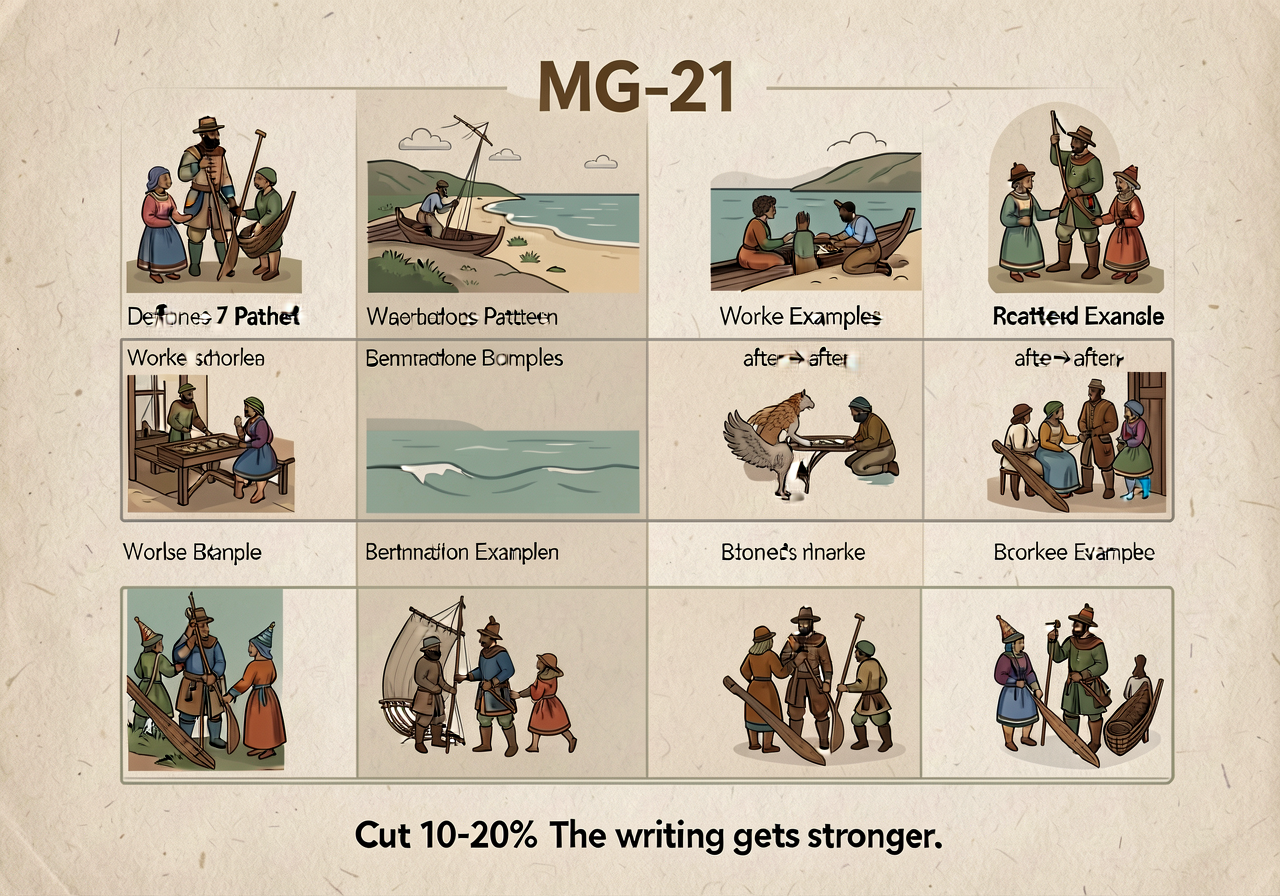 MG-21 anchor: 7-band card with each pattern named, defined, and worked example shown (before → after). Bottom rule: 'Cut