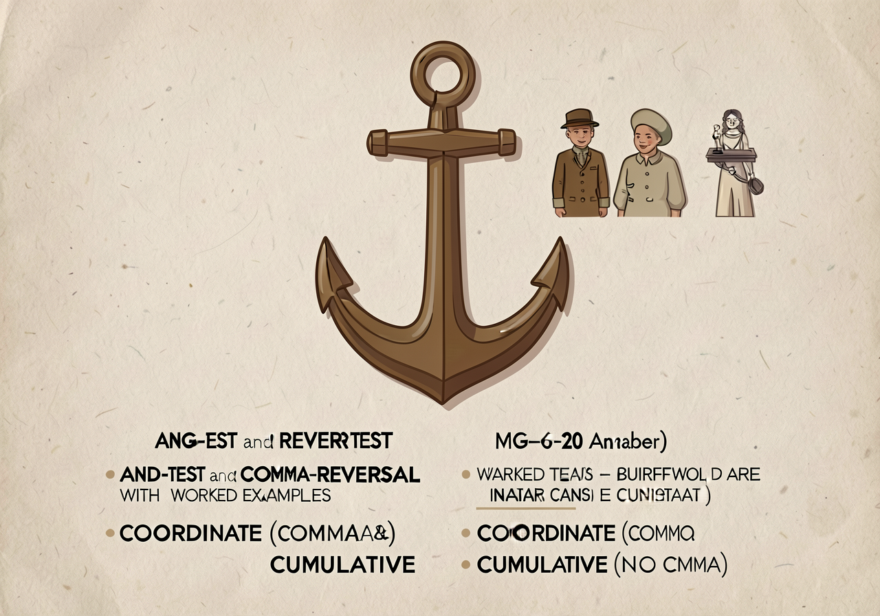 MG-20 anchor: AND-test and COMMA-REVERSAL test with worked examples for COORDINATE (comma) and CUMULATIVE (no comma) pai