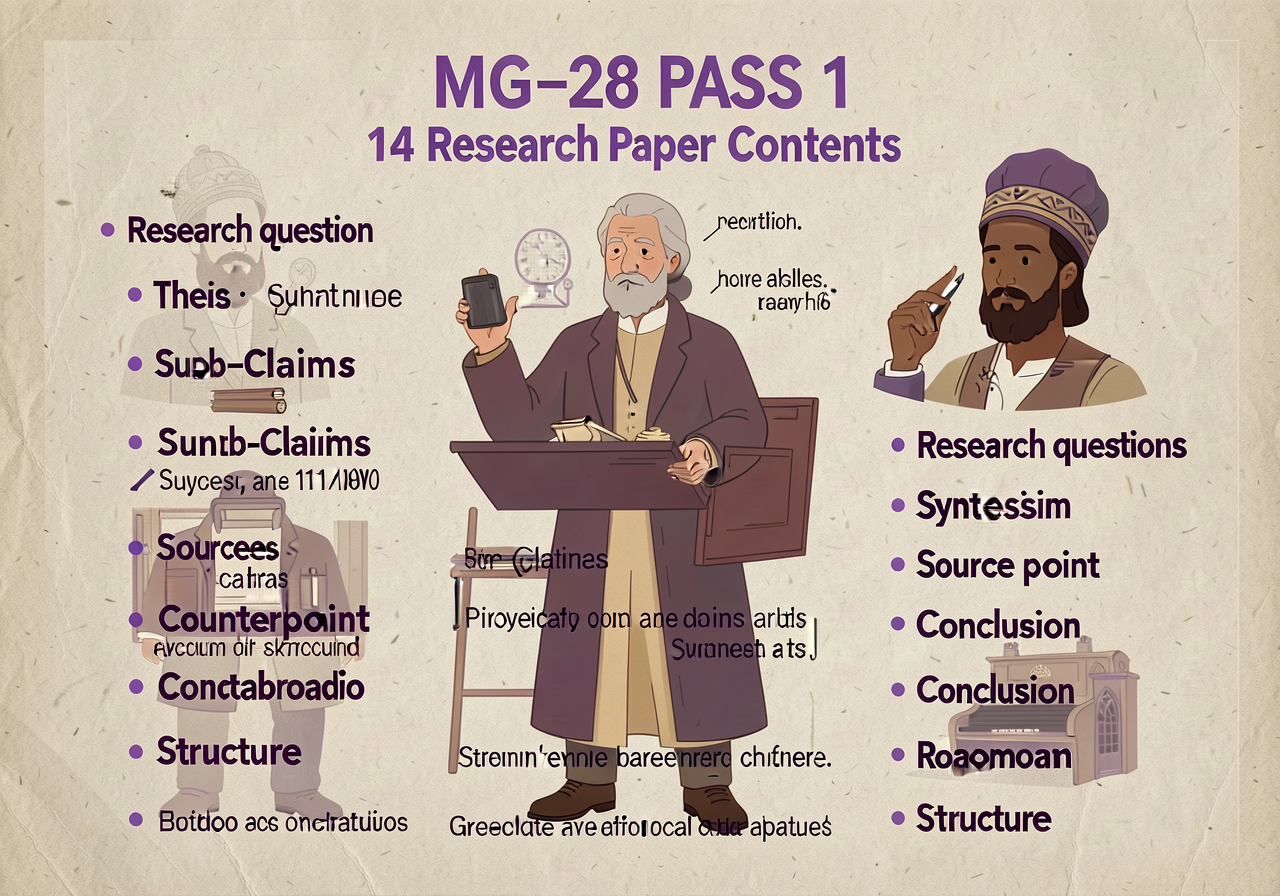 MG-28 Pass 1 panel: 14 criteria for research-paper content (research question, thesis, sub-claims, synthesis, sources, c