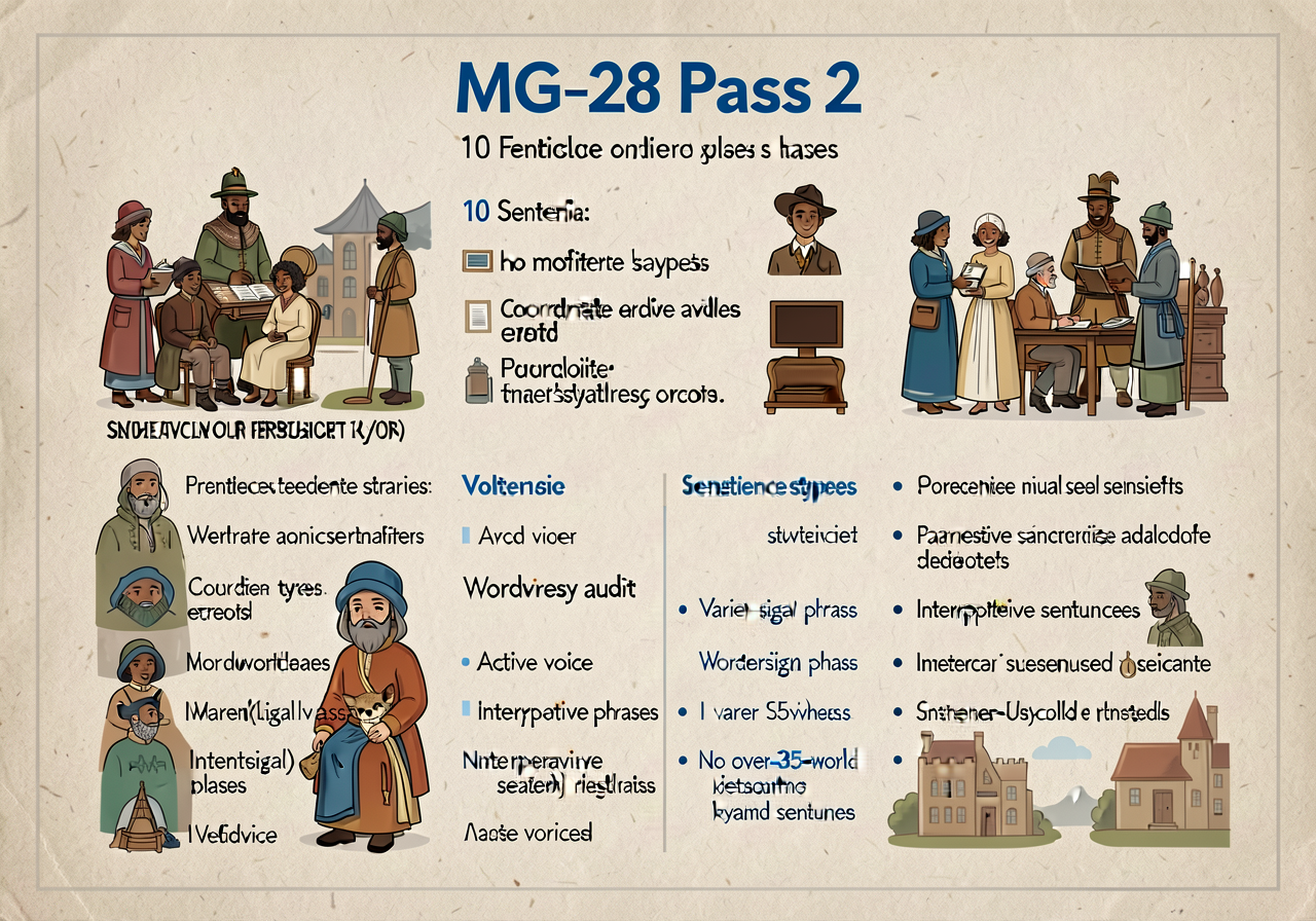 MG-28 Pass 2 panel: 10 criteria (sentence types varied, no modifier errors, coordinate adjectives, wordiness audit, acti